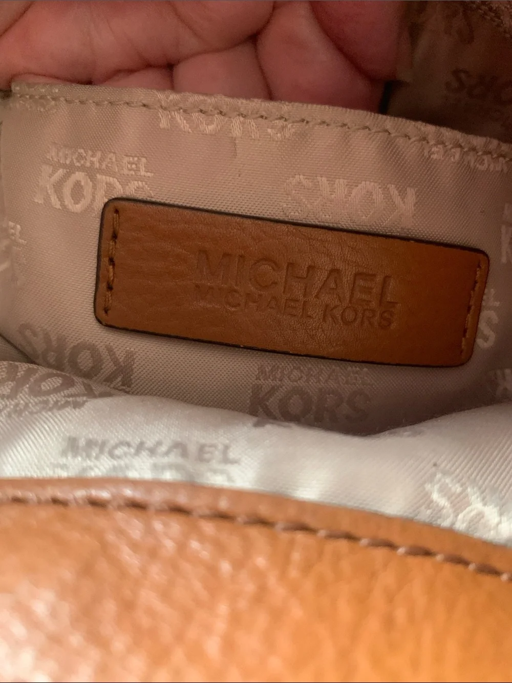Michael Kors Brown Monogram Satchel with Tan Trim and Gold Hardware